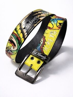 Ed Hardy Dragon Belt Neon Yellow Studded Grommet Faux Leather Size 36 Y2K NWT